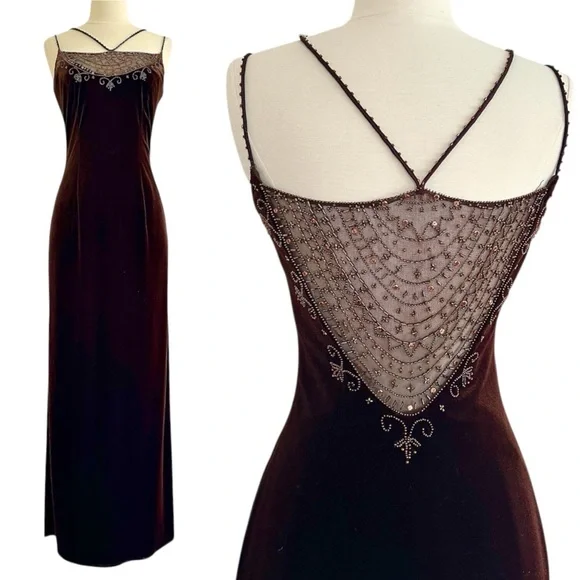 strapless open back dress Black Flori Vintage 90s Velvet Beaded Gem Evening Gown Prom Dress UK S   Scum Vintage
